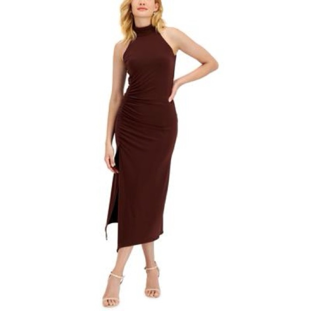 Taylor Mock-Neck Shirred Asymmetrical-Hem MIDI Dress Hickory Brown sz12 NWT  /B1